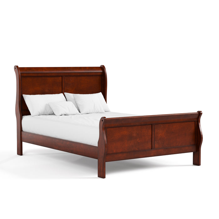 Right facing traditional cherry finish solid wood full bed with linens on a white background