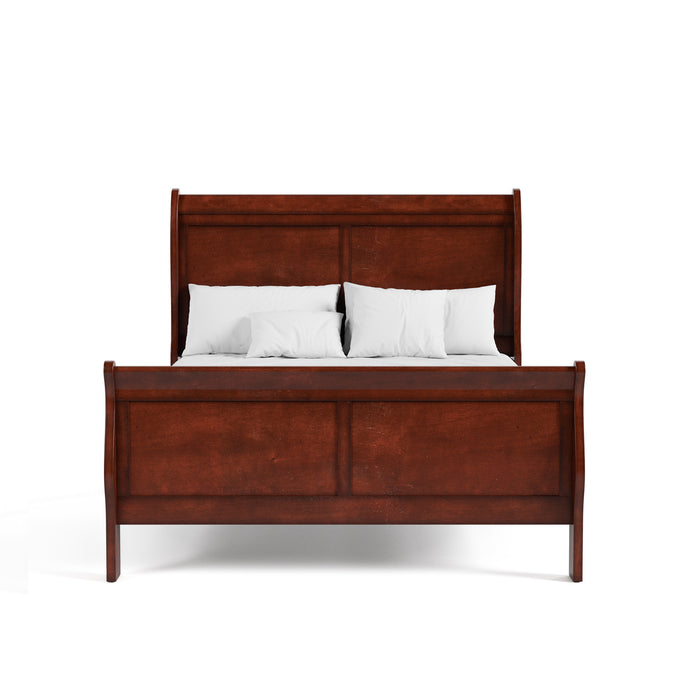 Front facing traditional cherry finish solid wood full bed with linens on a white background