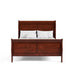 Front facing traditional cherry finish solid wood full sleigh bed with linens on a white background