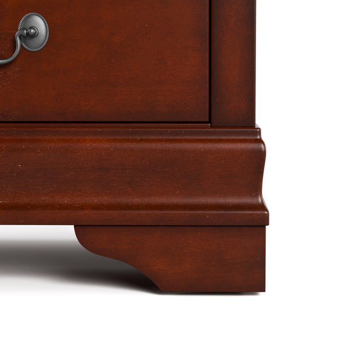 Front facing close up of a traditional cherry finish solid wood two-drawer nightstand showing its lower molded trim and bracket foot, on a white background