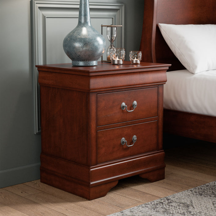 Right facing traditional cherry finish solid wood two-drawer nightstand in a room with accessories