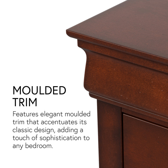 Informational close up image with a traditional cherry finish solid wood two-drawer nightstand highlighting its elegant molded trim detail