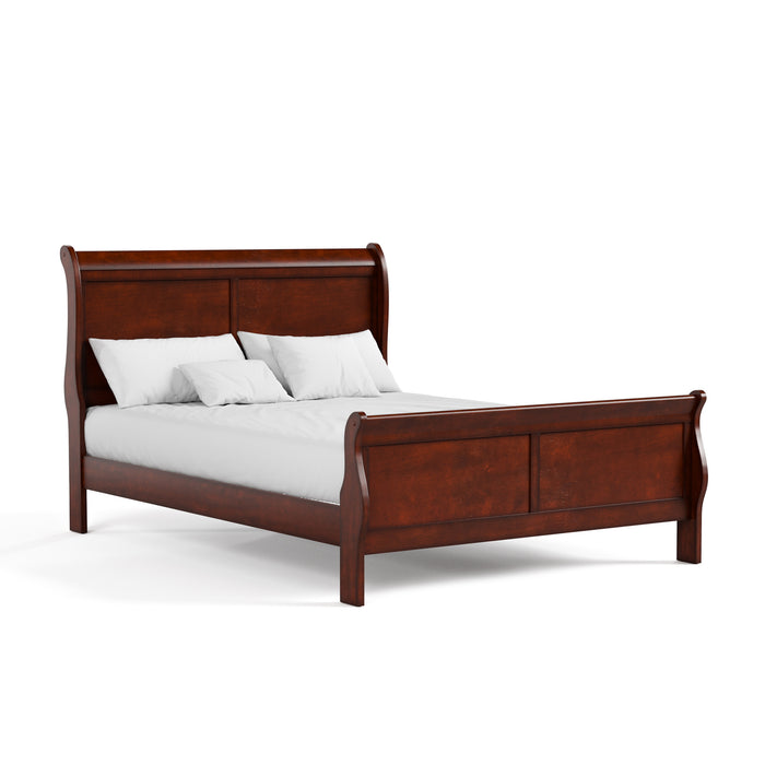 Right facing traditional cherry finish solid wood queen sleigh bed with linens on a white background