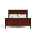 Front facing traditional cherry finish solid wood queen sleigh bed with linens on a white background