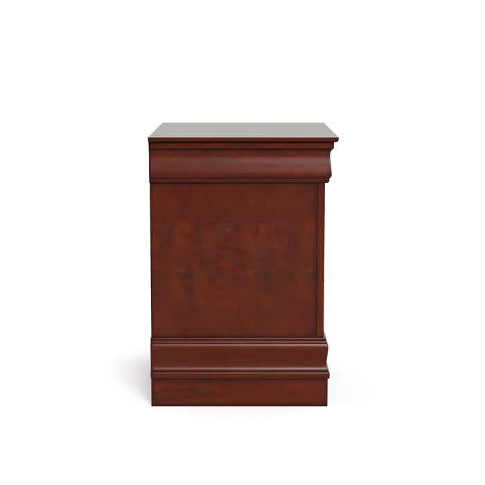 Front facing side view of a traditional cherry finish solid wood two-drawer nightstand on a white background