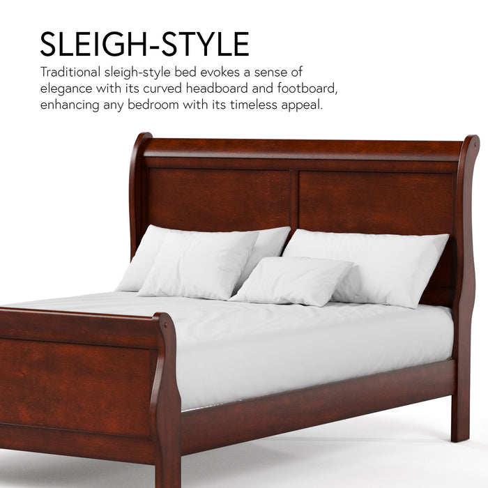 Informational image of a traditional cherry finish solid wood queen sleigh bed highlighting its sleigh style, on a white background