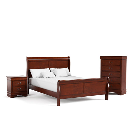 Right facing three-piece traditional cherry finish solid wood queen bedroom set with (1) queen sleigh bed, (1) two-drawer nightstand, and (1) five-drawer chest on a white background