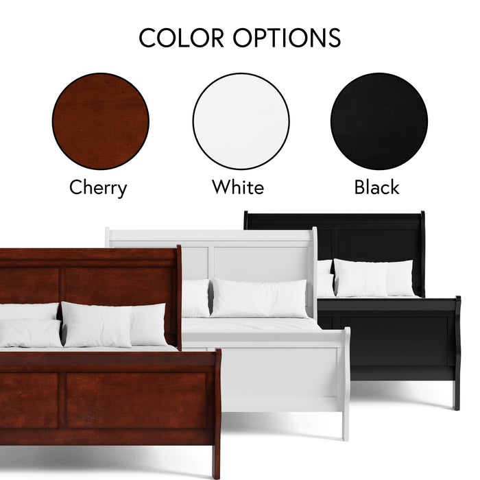 Informational image of a traditional cherry finish solid wood queen sleigh bed showing its finish color options, on a white background