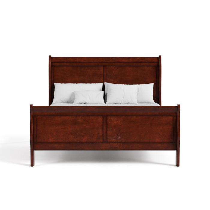 Front facing traditional cherry finish solid wood queen bed with linens on a white background