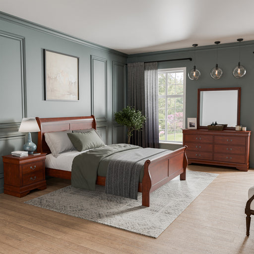 Right facing four-piece traditional cherry finish solid wood queen bedroom set with (1) queen sleigh bed, (1) two-drawer nightstand, (1) six-drawer dresser, and (1) mirror in a room with linens and accessories