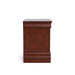 Front facing side view of a traditional cherry finish solid wood two-drawer nightstand on a white background