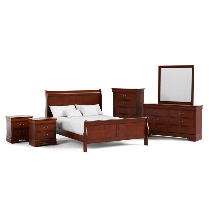 Right facing six-piece traditional cherry finish solid wood queen bedroom set with (1) sleigh bed, (2) two-drawer nightstands, (1) five-drawer chest, (1) six-drawer dresser, and (1) mirror on a white background