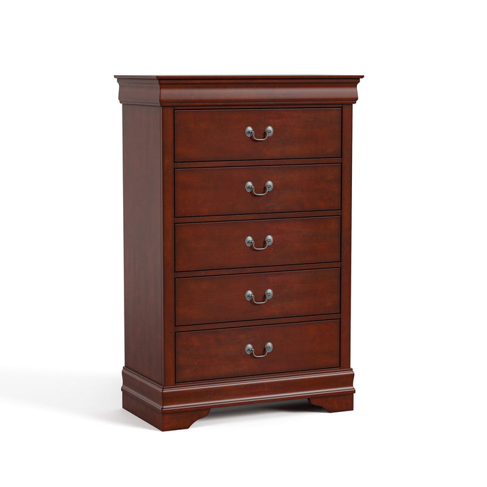 Right facing traditional cherry finish solid wood five-drawer chest on a white background