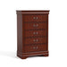 Right facing traditional cherry finish solid wood five-drawer chest on a white background