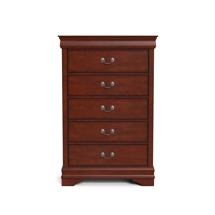 Front facing traditional cherry finish solid wood five-drawer chest on a white background