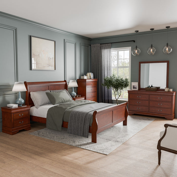 Right facing six-piece traditional cherry finish solid wood queen bedroom set with (1) sleigh bed, (2) two-drawer nightstands, (1) five-drawer chest, (1) six-drawer dresser, and (1) mirror in a room with linens and accessories