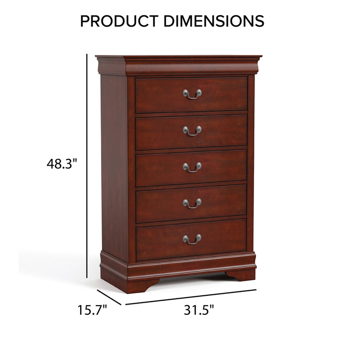 Informational image of a traditional cherry finish solid wood five-drawer chest overlaid with product dimensions, on a white background