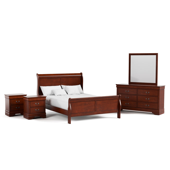 Right facing five-piece traditional cherry finish solid wood queen bedroom set with (1) sleigh bed, (2) two-drawer nightstands, (1) six-drawer dresser, and (1) mirror on a white background