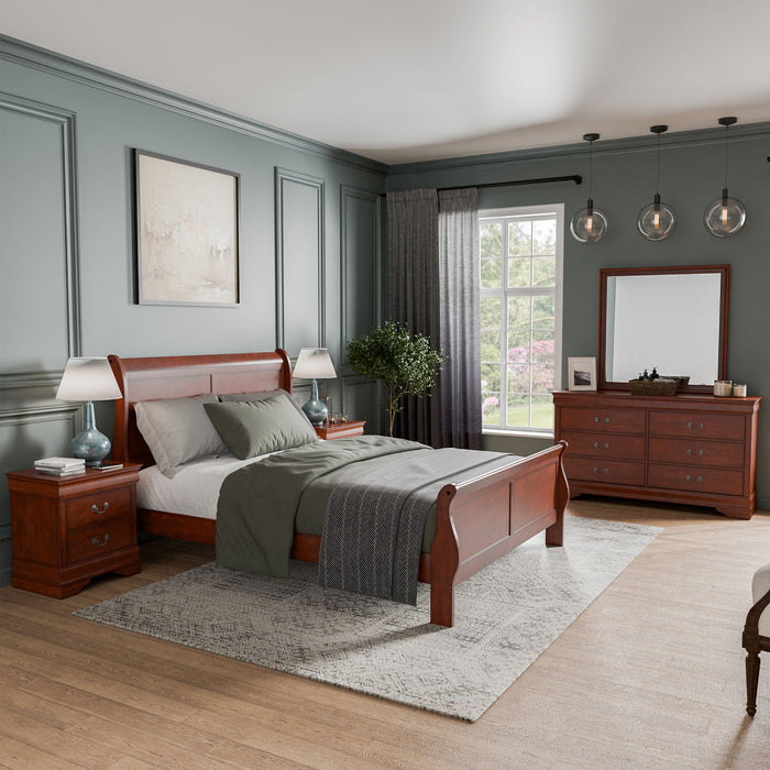 Right facing five-piece traditional cherry finish solid wood queen bedroom set with (1) sleigh bed, (2) two-drawer nightstands, (1) six-drawer dresser, and (1) mirror in a room with linens and accessories