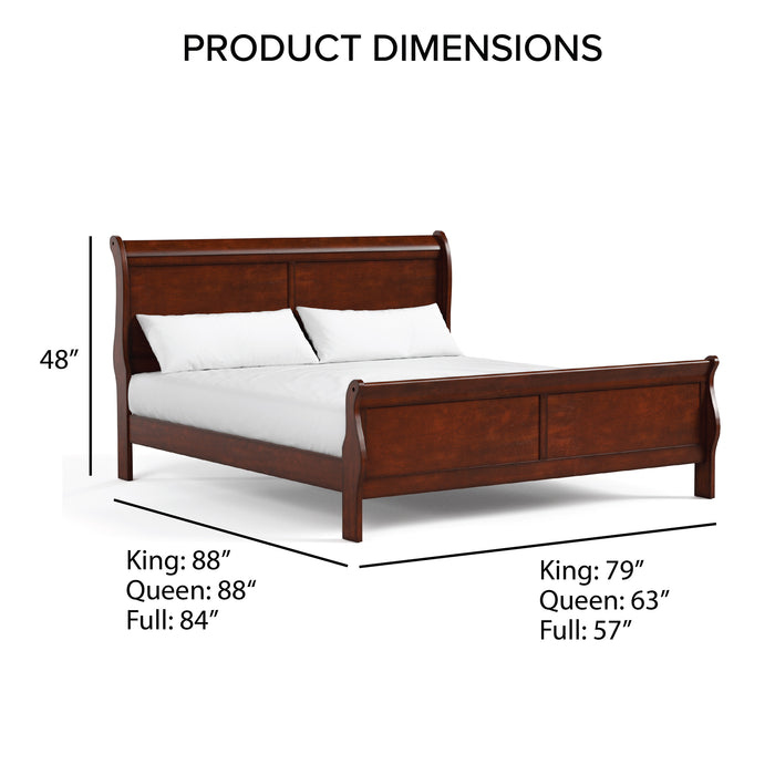 Informational image of a traditional cherry finish solid wood queen sleigh bed overlaid with product dimensions, on a white background