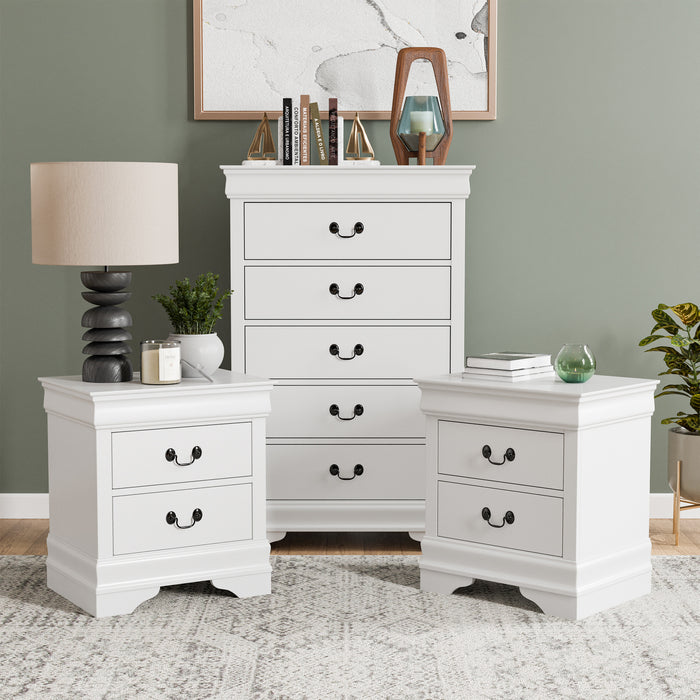 Three-piece traditional white finish bedroom set that includes (1) five-drawer chest and (2) two-drawer nightstands in a room with accessories