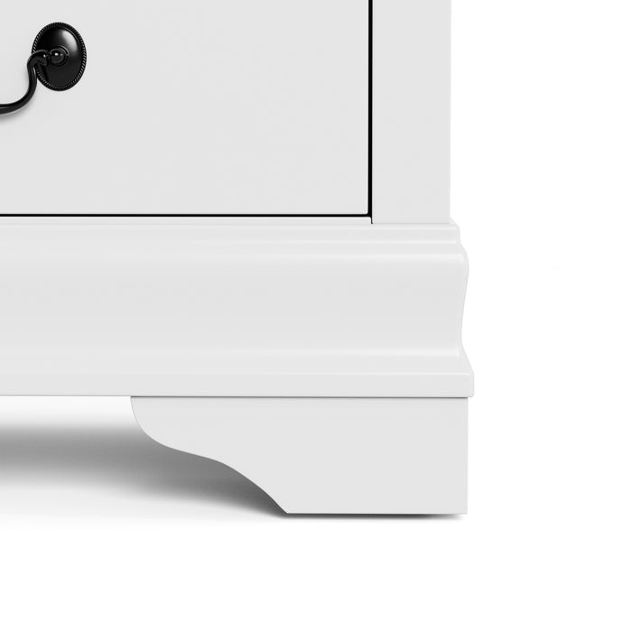 Front facing close up of a traditional white finish solid wood two-drawer nightstand showing its lower molded trim and bracket foot, on a white background