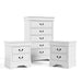 Three-piece traditional white finish bedroom set that includes (1) five-drawer chest and (2) two-drawer nightstands on a white background