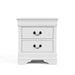 Front facing traditional white finish solid wood two-drawer nightstand on a white background