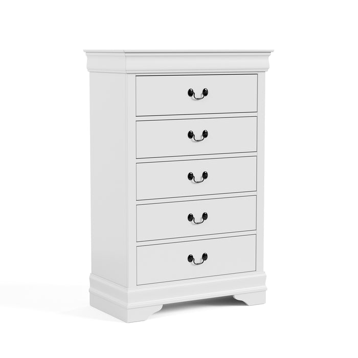 Right facing traditional white finish solid wood five-drawer chest on a white background