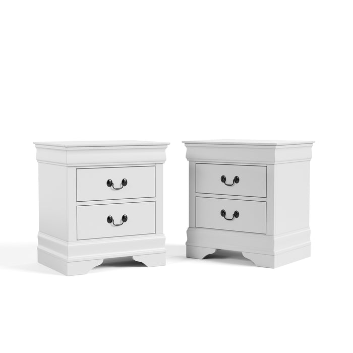 Set of two traditional white finish solid wood two-drawer nightstands on a white background