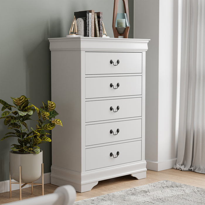 Right facing traditional white finish solid wood five-drawer chest in a room with accessories