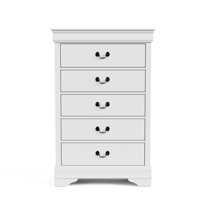 Front facing traditional white finish solid wood five-drawer chest on a white background