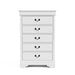 Front facing traditional white finish solid wood five-drawer chest on a white background