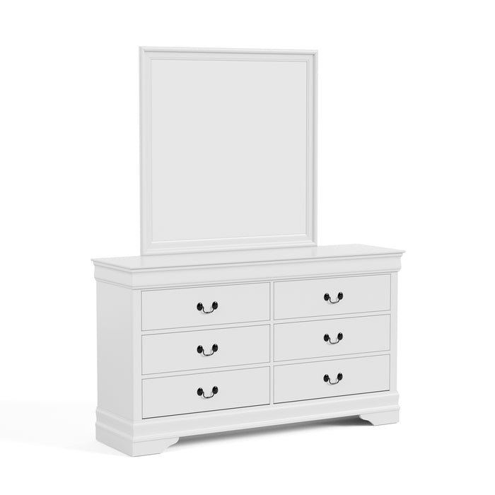 Right facing traditional white finish solid wood six-drawer dresser with a framed mirror on a white background