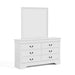 Right facing traditional white finish solid wood six-drawer dresser with a framed mirror on a white background