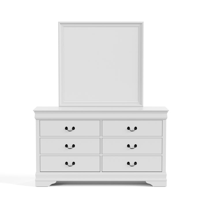 Front facing traditional white finish solid wood six-drawer dresser with a framed mirror on a white background