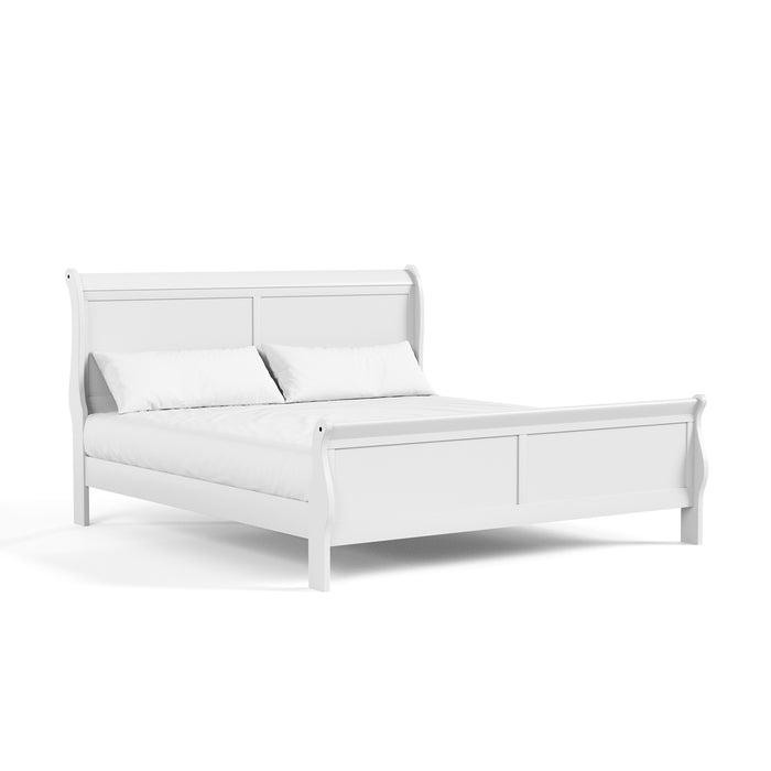 Right facing traditional white finish solid wood king sleigh bed with linens on a white background