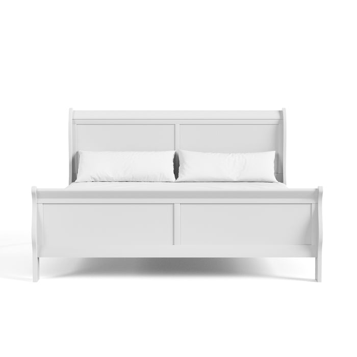 Front facing traditional white finish solid wood king sleigh bed with linens on a white background