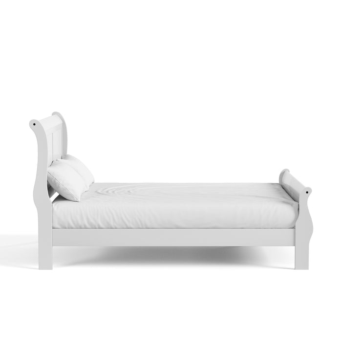 Front facing side view of a traditional white finish solid wood king sleigh bed with linens on a white background