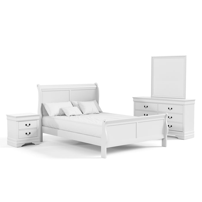 Right facing four-piece traditional white finish solid wood full bedroom set with (1) full sleigh bed, (1) two-drawer nightstand, (1) six-drawer dresser, and (1) mirror on a white background