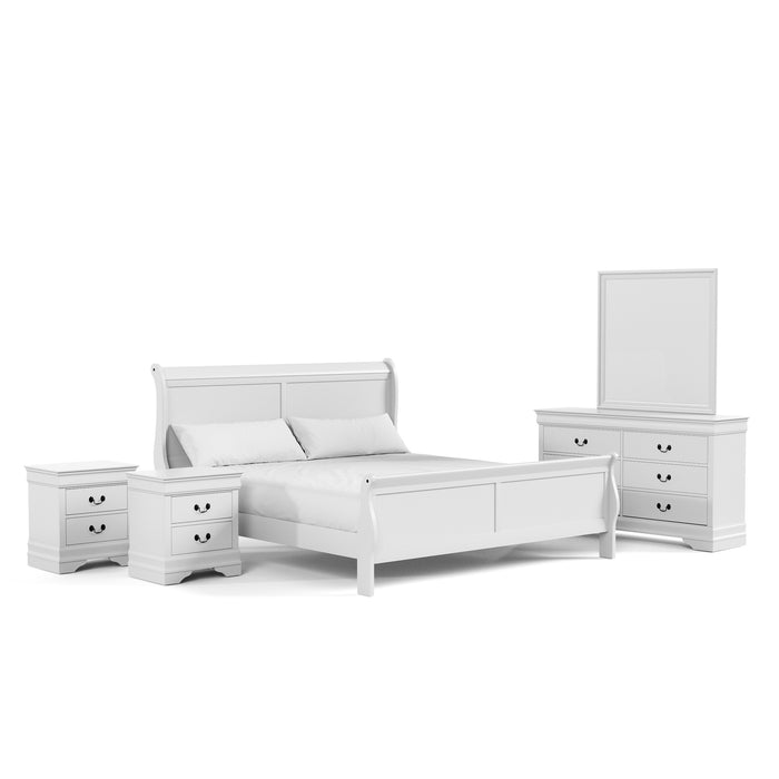 Right facing five-piece traditional white finish solid wood king bedroom set with (1) sleigh bed, (2) two-drawer nightstands, (1) six-drawer dresser, and (1) mirror on a white background