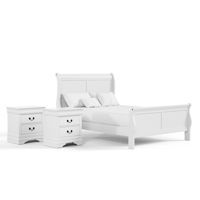 Right facing three-piece traditional white finish solid wood full bedroom set with (1) full sleigh bed and (2) two-drawer nightstands on a white background