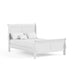 Right facing traditional white finish solid wood full sleigh bed with linens on a white background