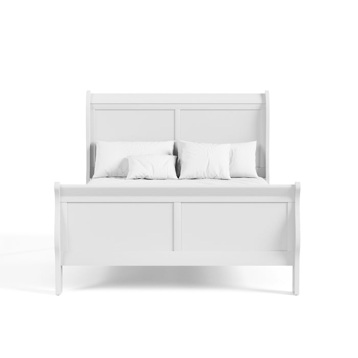 Front facing traditional white finish solid wood full sleigh bed with linens on a white background