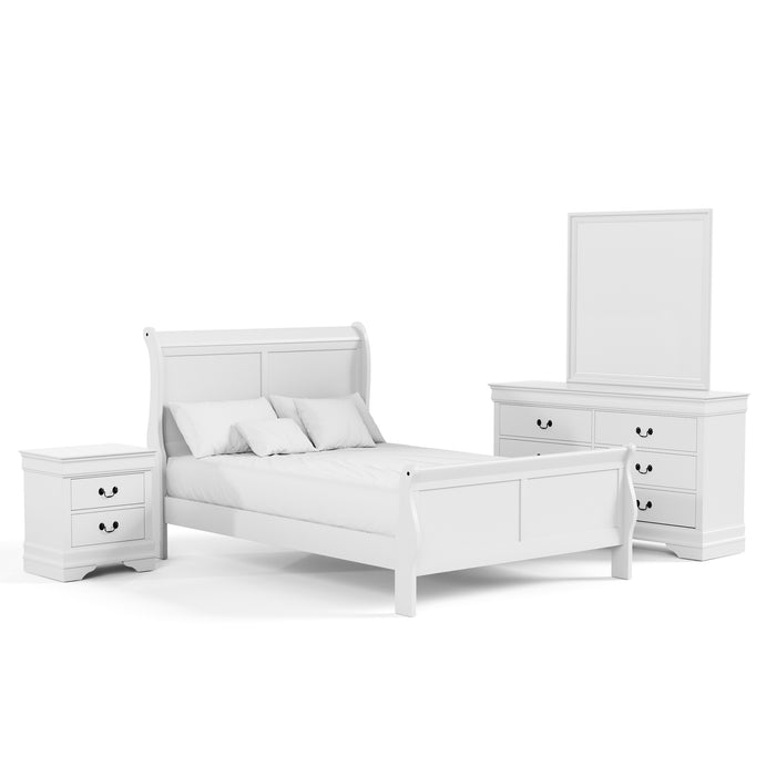 Right facing four-piece traditional white finish solid wood full bedroom set with (1) full sleigh bed, (1) two-drawer nightstand, (1) six-drawer dresser, and (1) mirror on a white background