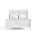 Front facing traditional white finish solid wood full bed with linens on a white background