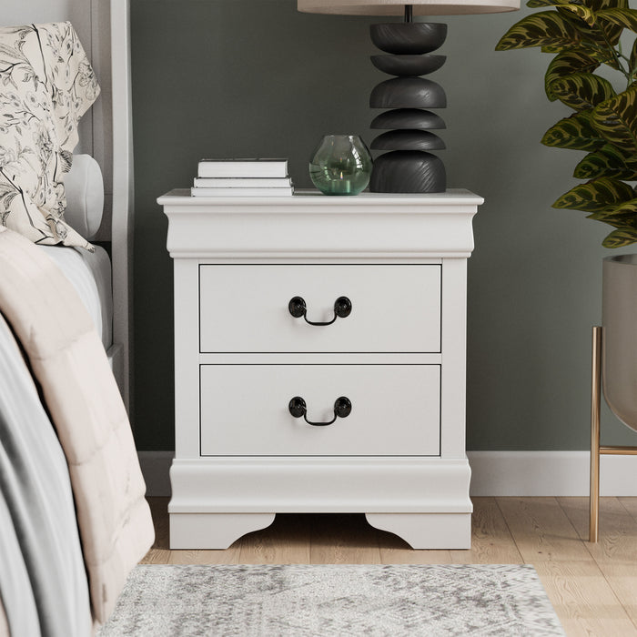 Front facing traditional white finish solid wood two-drawer nightstand in a room with accessories