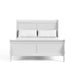 Front facing traditional white finish solid wood queen sleigh bed with linens on a white background