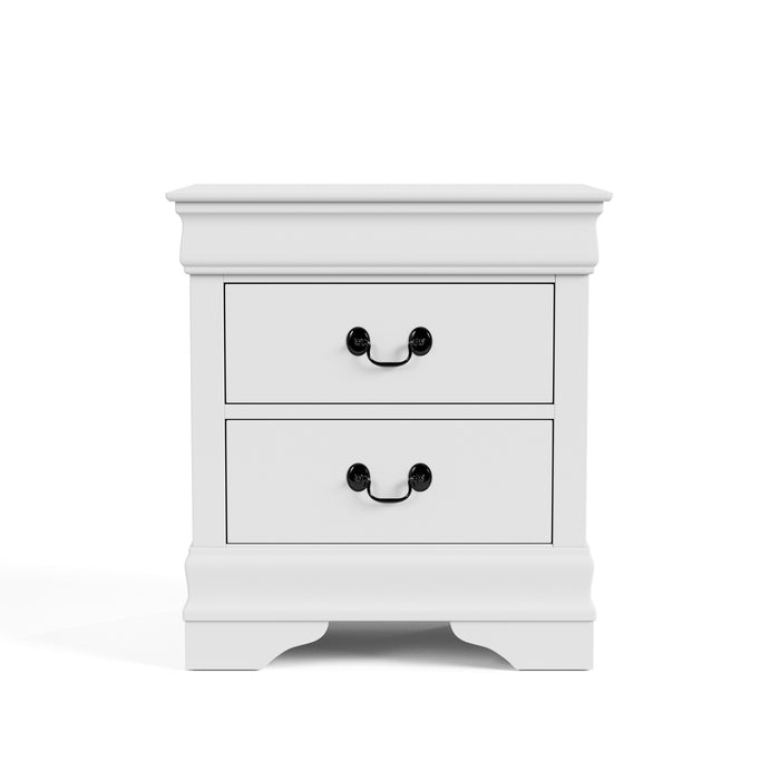 Front facing traditional white finish solid wood two-drawer nightstand on a white background