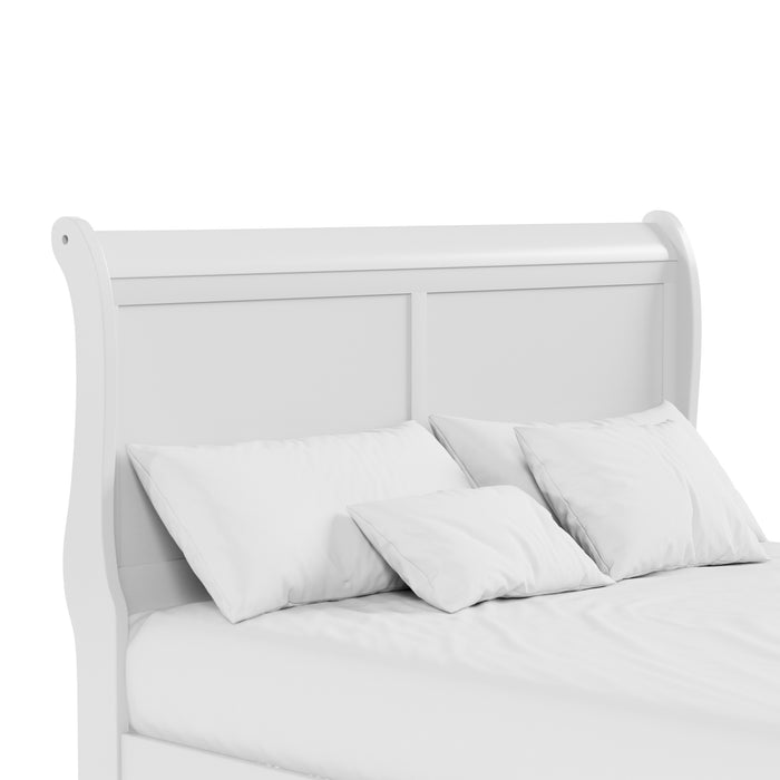 Right facing close up view of a traditional white finish solid wood queen sleigh bed showing its headboard, on a white background